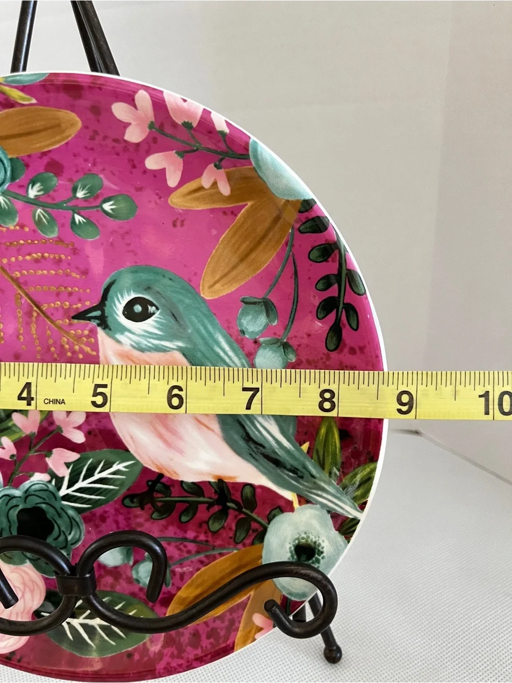 Pier 1 Imports Dolomite Ceramic Salad Plate Bird & Flowers Details Magenta 8.5”